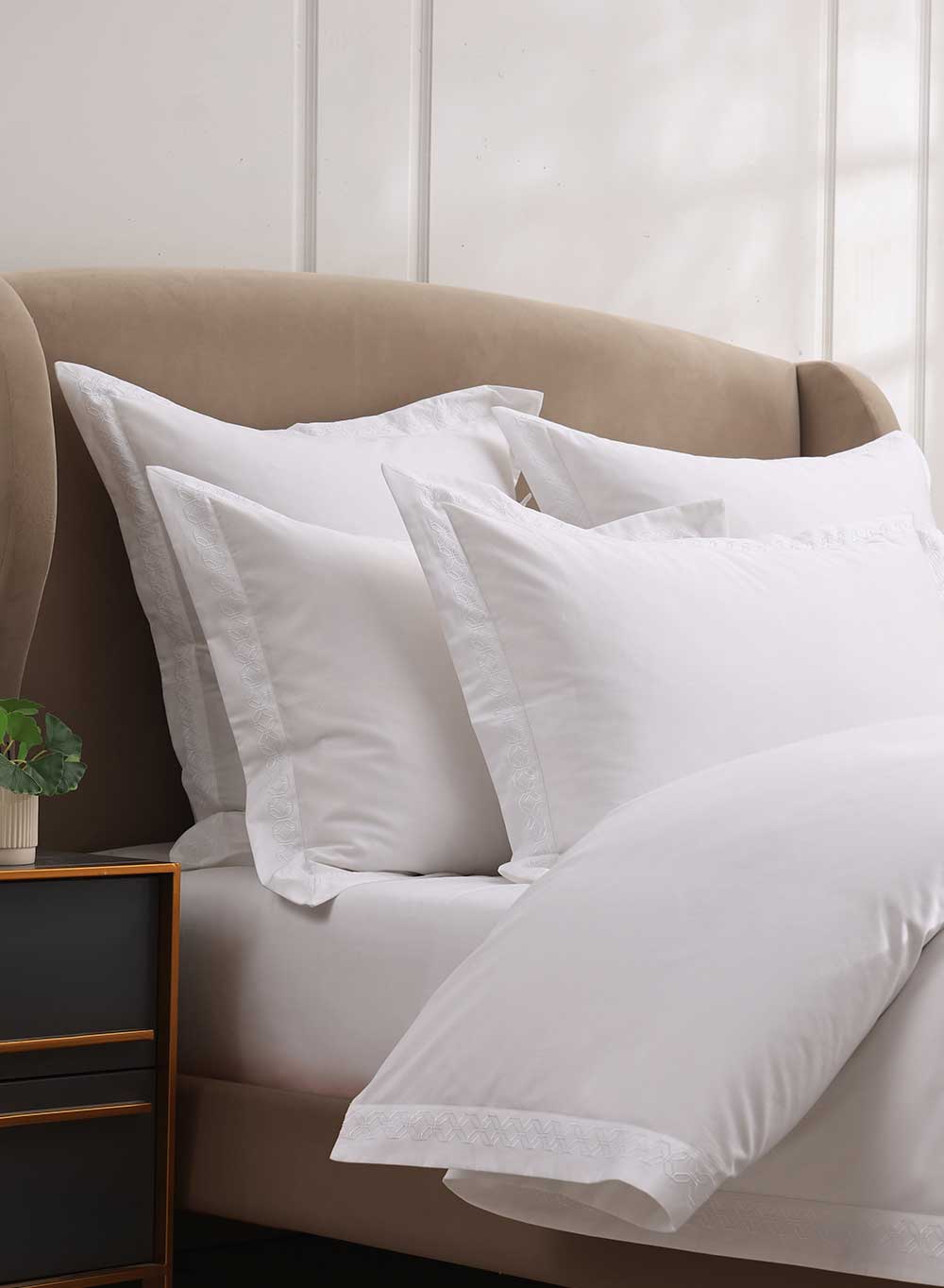 Cavendish is embroidered with a stylish tile pattern, inspired by Marrakech, and is finished with an oxford border.